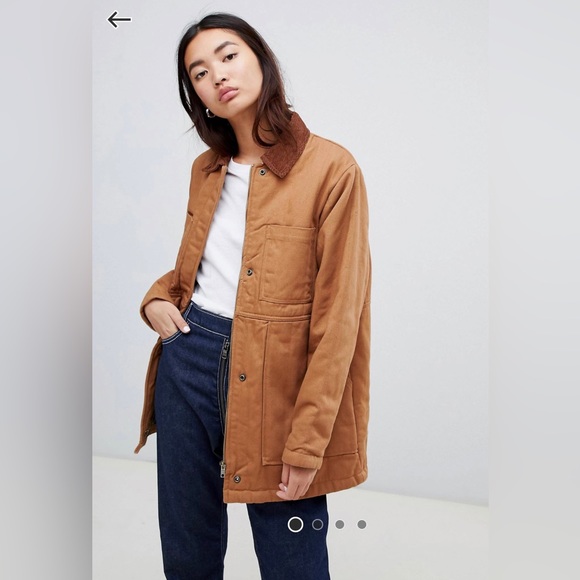 ASOS Design Oversized Denim Wadded Jacket with Cord Collar in Camel US 6 - Picture 11 of 11